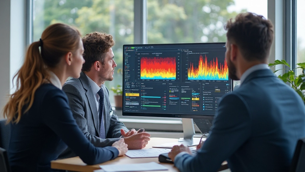 Afbeelding van een team dat gebruikersdata analyseert op een digitaal scherm met grafieken en heatmaps