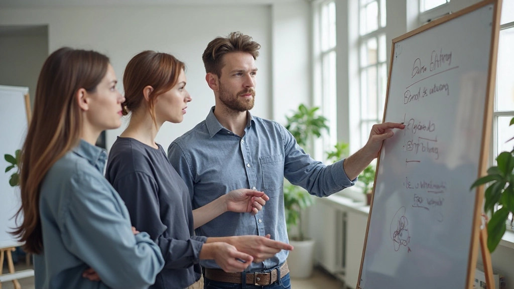 Beeld van een team dat testresultaten bespreken en aantekeningen maken op een whiteboard vol met notities en diagrammen